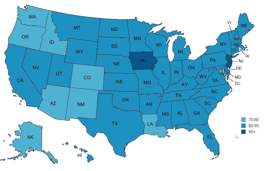 Adjusted cohort graduation rate (ACGR) for public high school students, by state: 2016–17